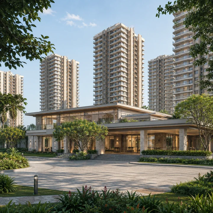 Prestige Park Lane KIADB indicative clubhouse pavilion with shaded verandahs and full-height glazing, set below the residential towers