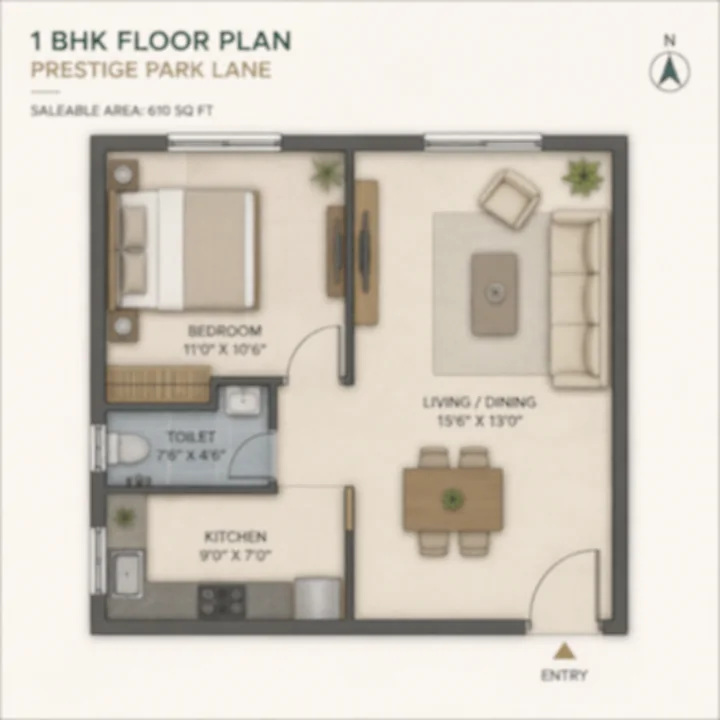 Prestige Park Lane KIADB 1 BHK apartment floor plan, indicative saleable area 610 sq ft
